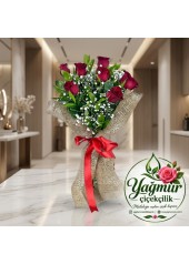 Hasır (Jüt) Ambalajlı Kırmızı Gül Buketi